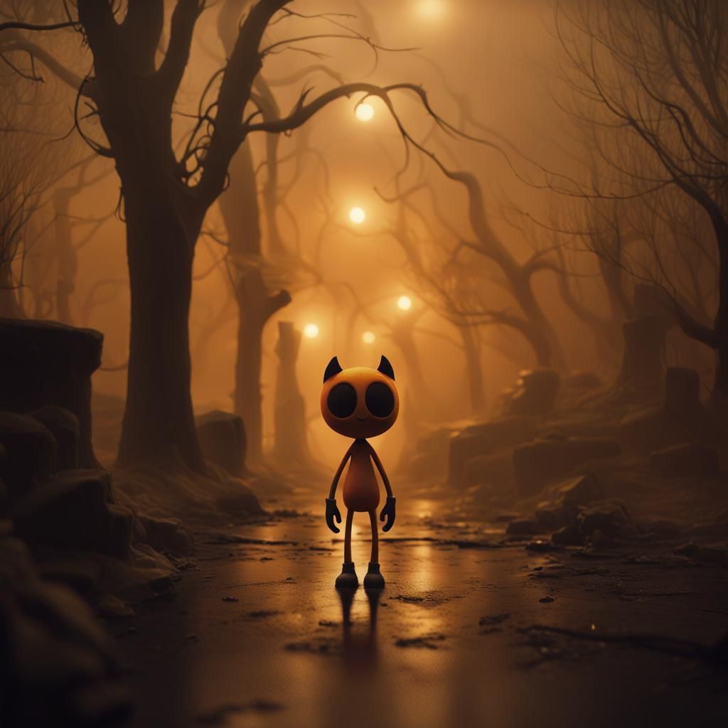 Twisted Cartoon Character in Eerie Environment