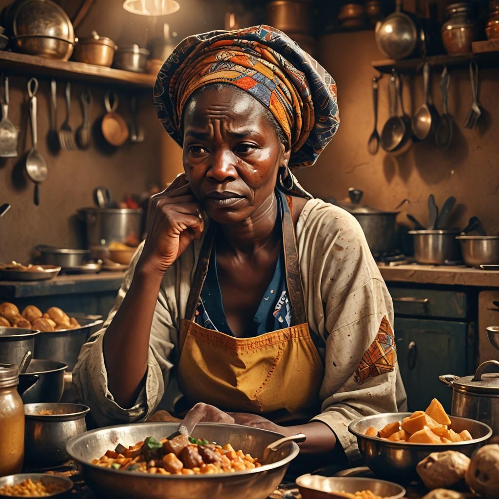 Tired Wife Cooking: Hyper-Realistic Digital Portrait