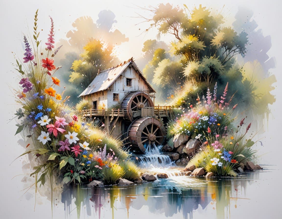 Charming Watermill on Sunny River with Wildflowers