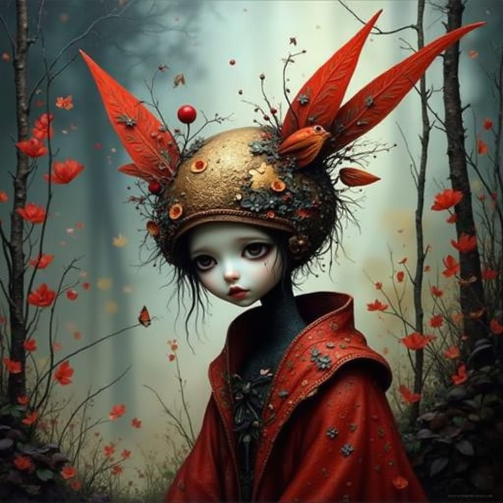 Whimsical Red and Gold Fairy Garden in Mixed Media