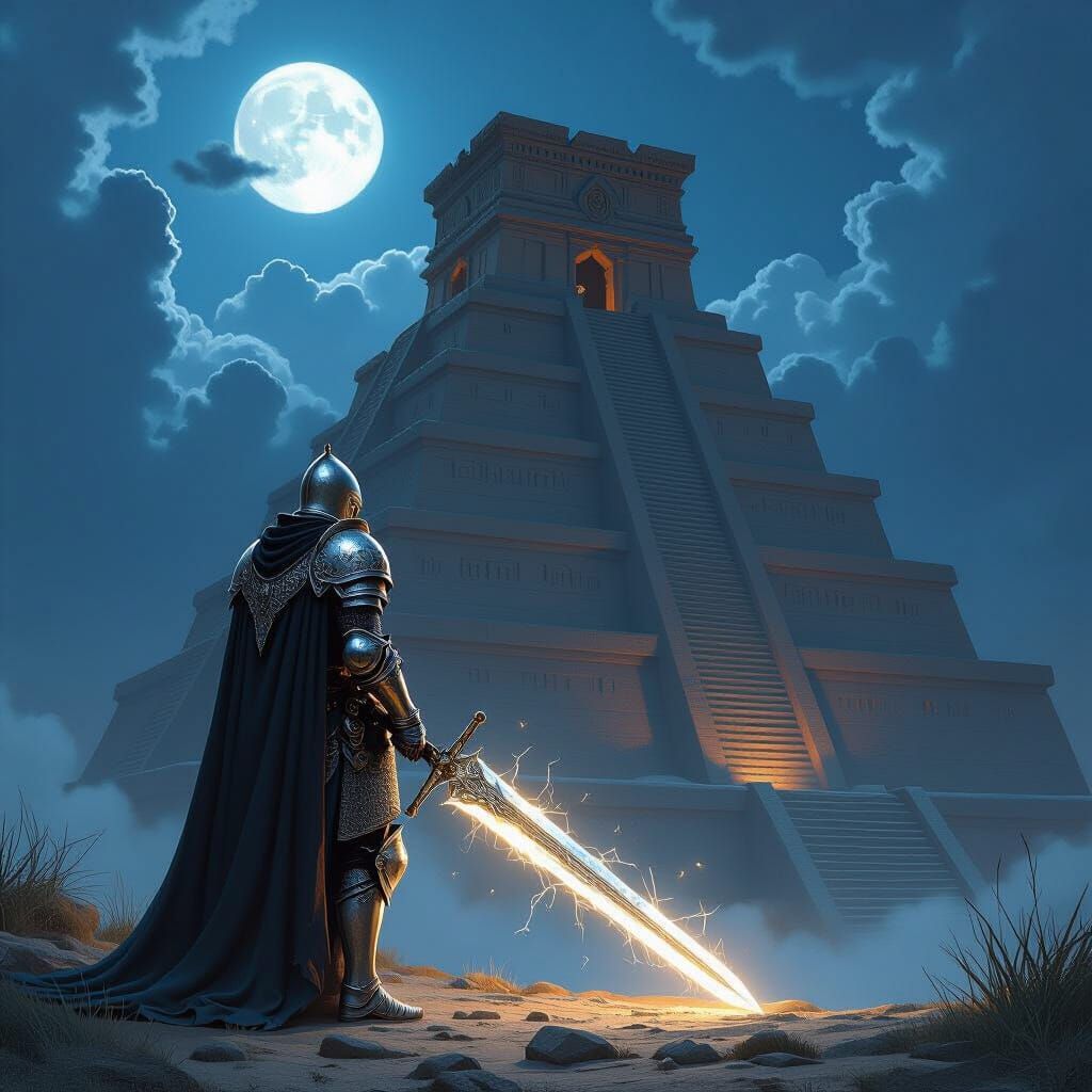 Knight Guarding Ziggurat in Dark Fantasy Style