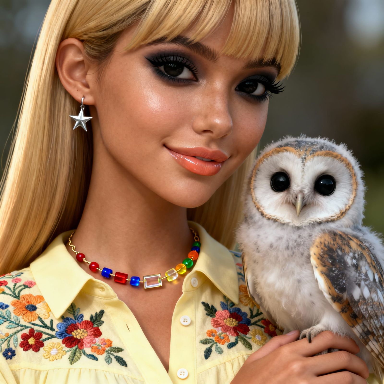 Young Woman Holding Baby Barn Owl in CGI
