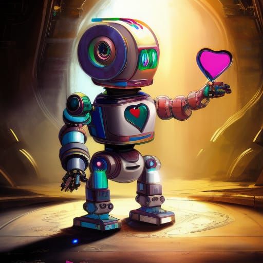 Cute Robot with Heart Sign in Dark Fantasy Style
