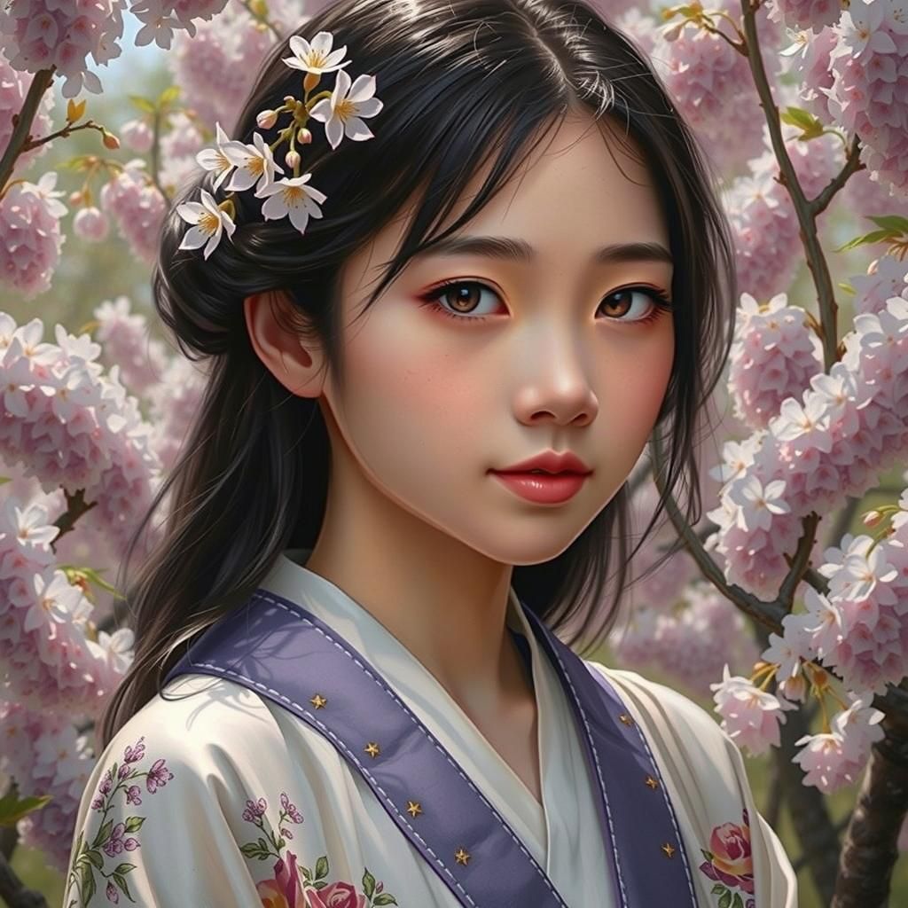 Japanese Girl Portrait with Cherry Blossoms