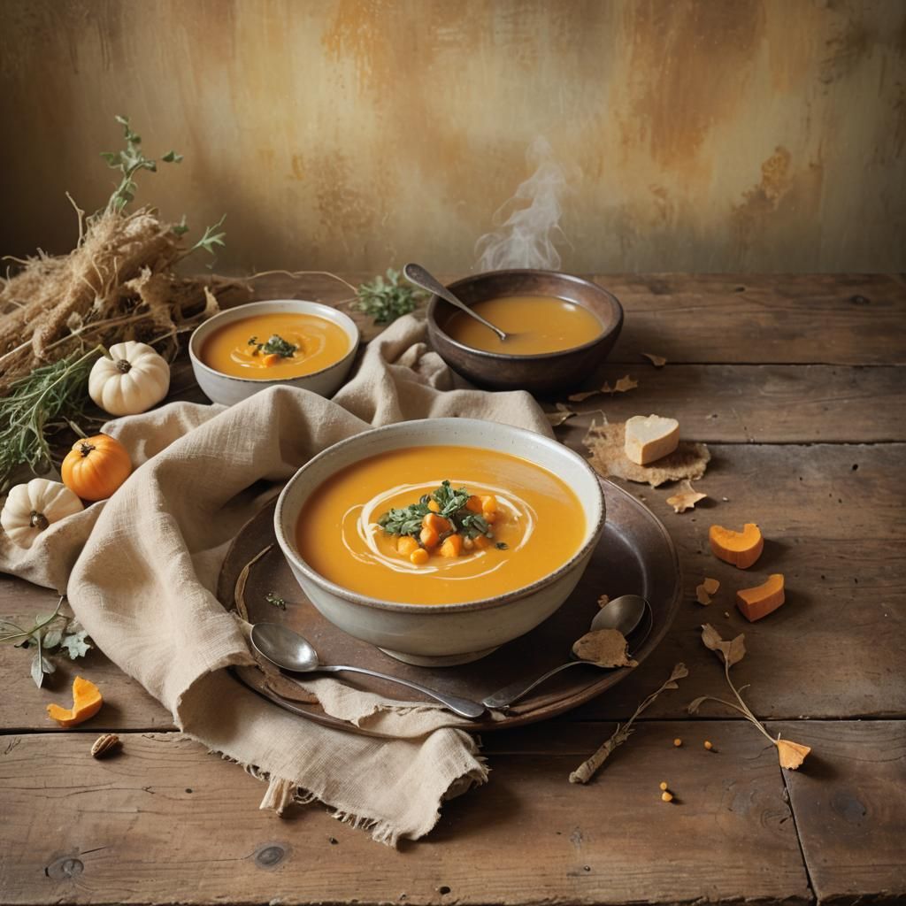 Butternut Squash Soup Still Life, Impressionist Oil Painting