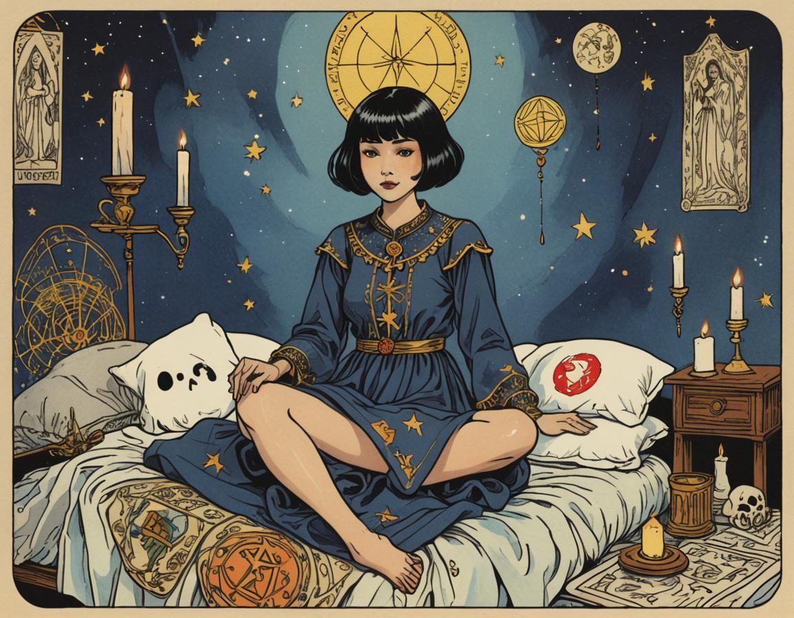 Mystical Tarot Card Woman Levitating in Candlelit Room