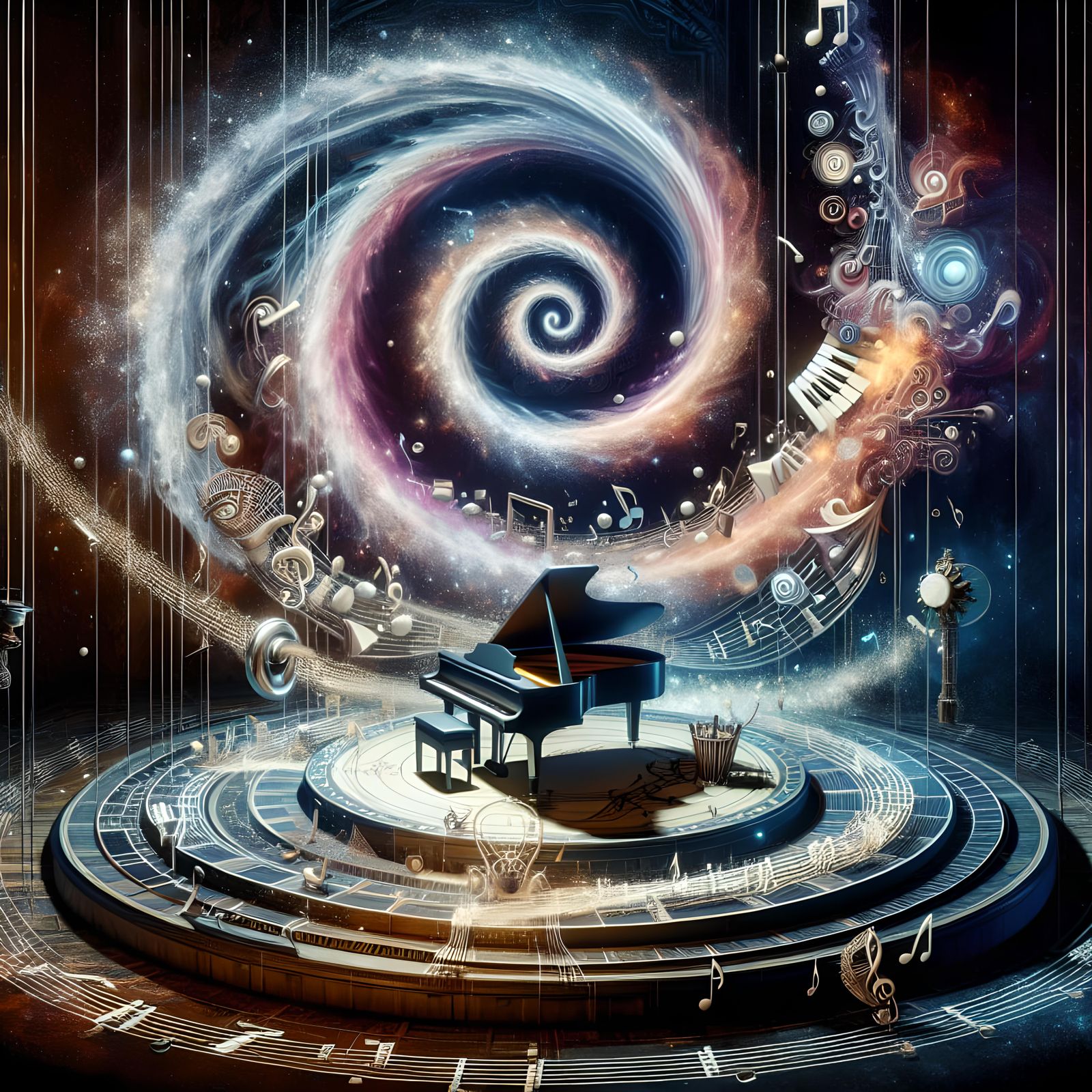 Singularity in Music: Grand Piano and Swirling Vortex