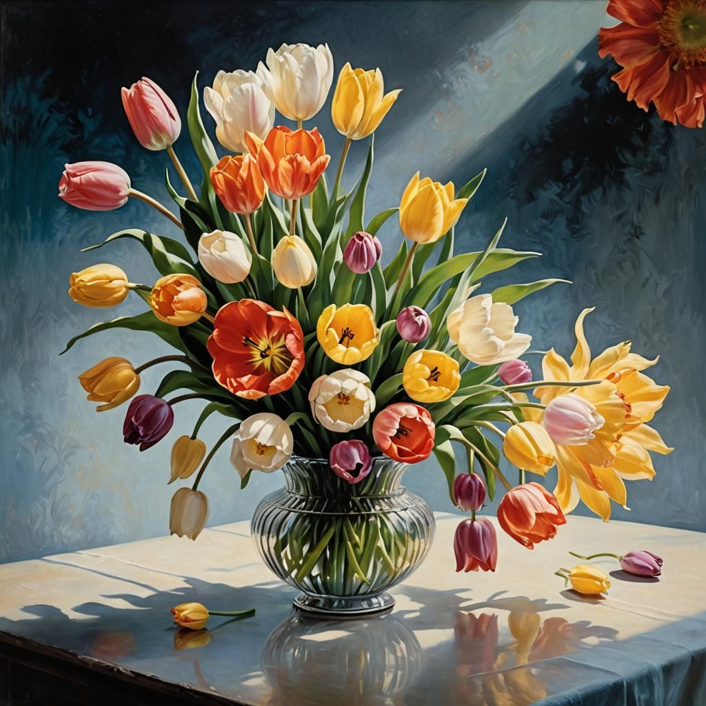 Exquisite Dutch Still Life of Tulips in Vase