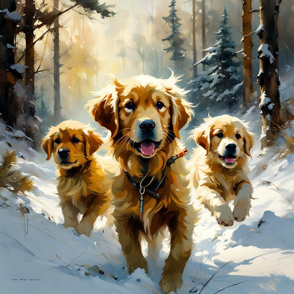 Golden Retriever Puppies Playing in Snow, Matte Painting