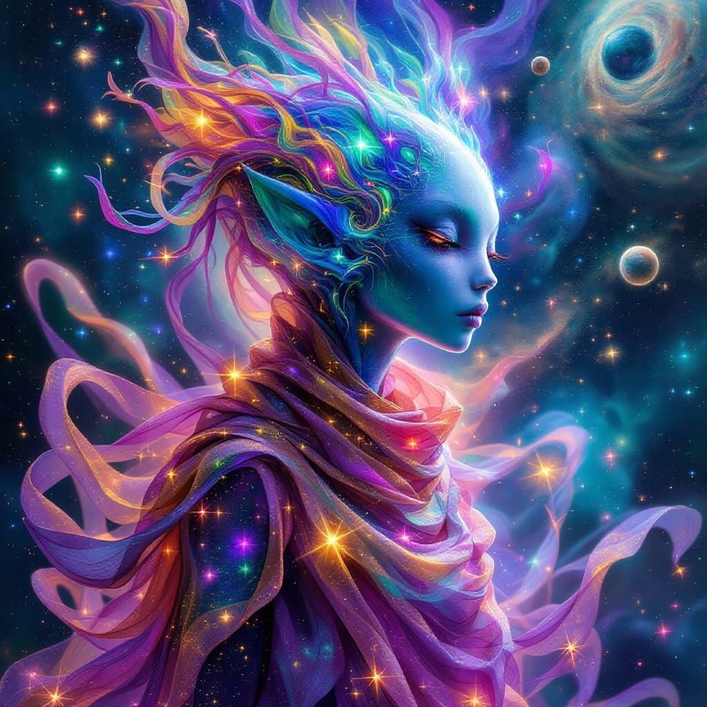 Ethereal Alien in Iridescent Silks Amidst Cosmic Dreamscape