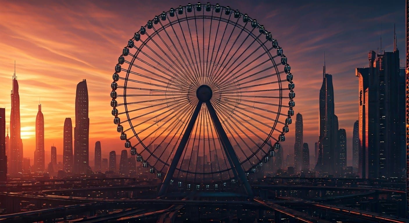 Futuristic Ferris Wheel Cityscape at Sunset