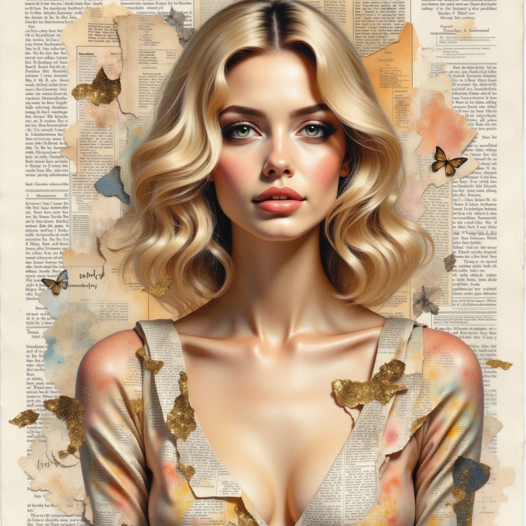 Blonde Woman with Torn Paper and Gold Washes