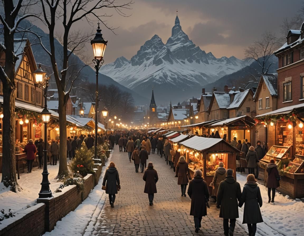 Festive Christmas Market Scene with Antique Lights