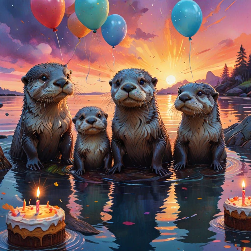 Vibrant Sunset Birthday Party for a Baby Otter in a Watercol...