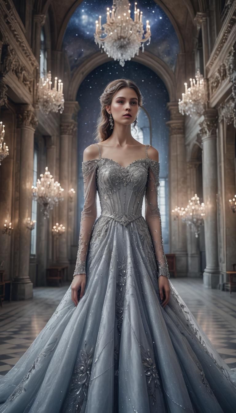 Silver Gown in Castle Hall: Surreal Portrait