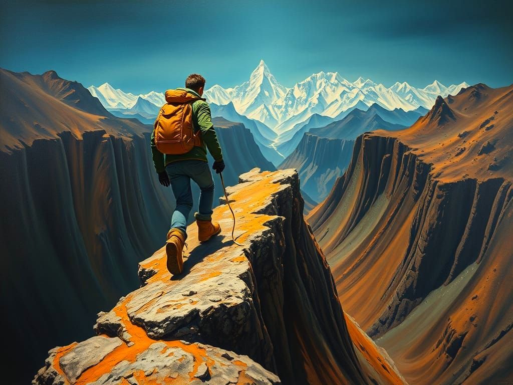 Mountaineer on Ridge in Surrealist Melting Oil Style
