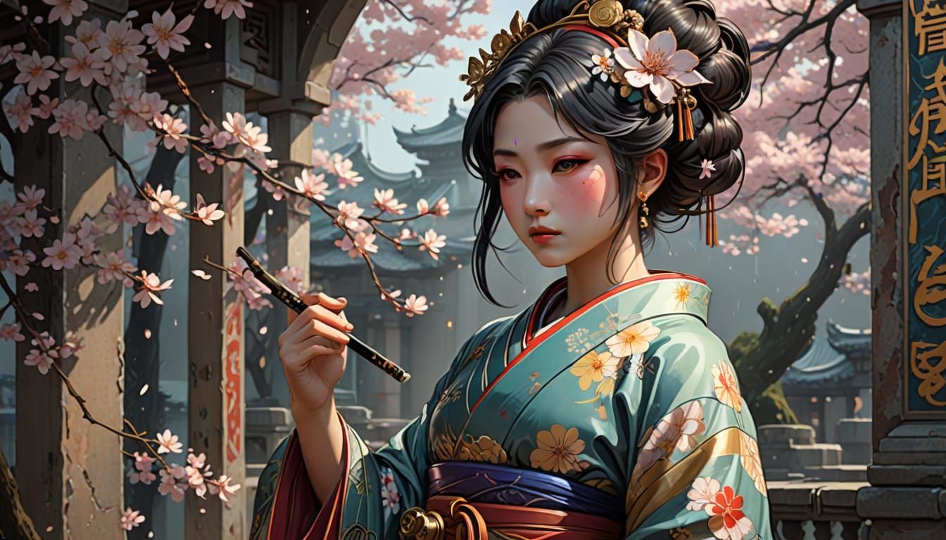 Geisha in Tears: Art Nouveau Ruined Temple Scene