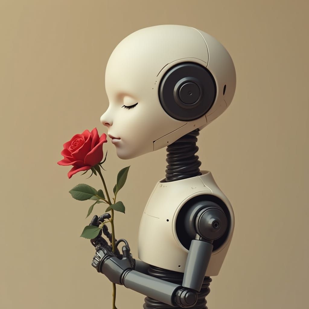 Masculine Robot Holds Rose in Minimalist Style