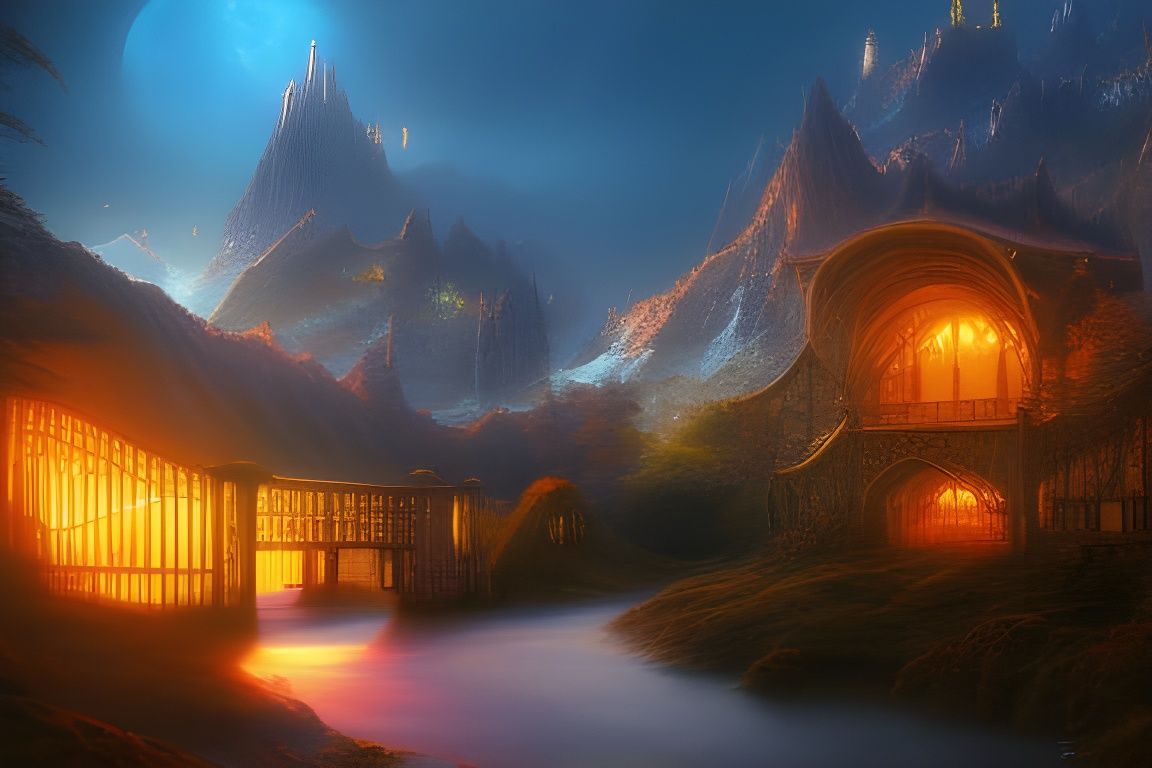 Ethereal Elvish City in Submarine, Golden Hour