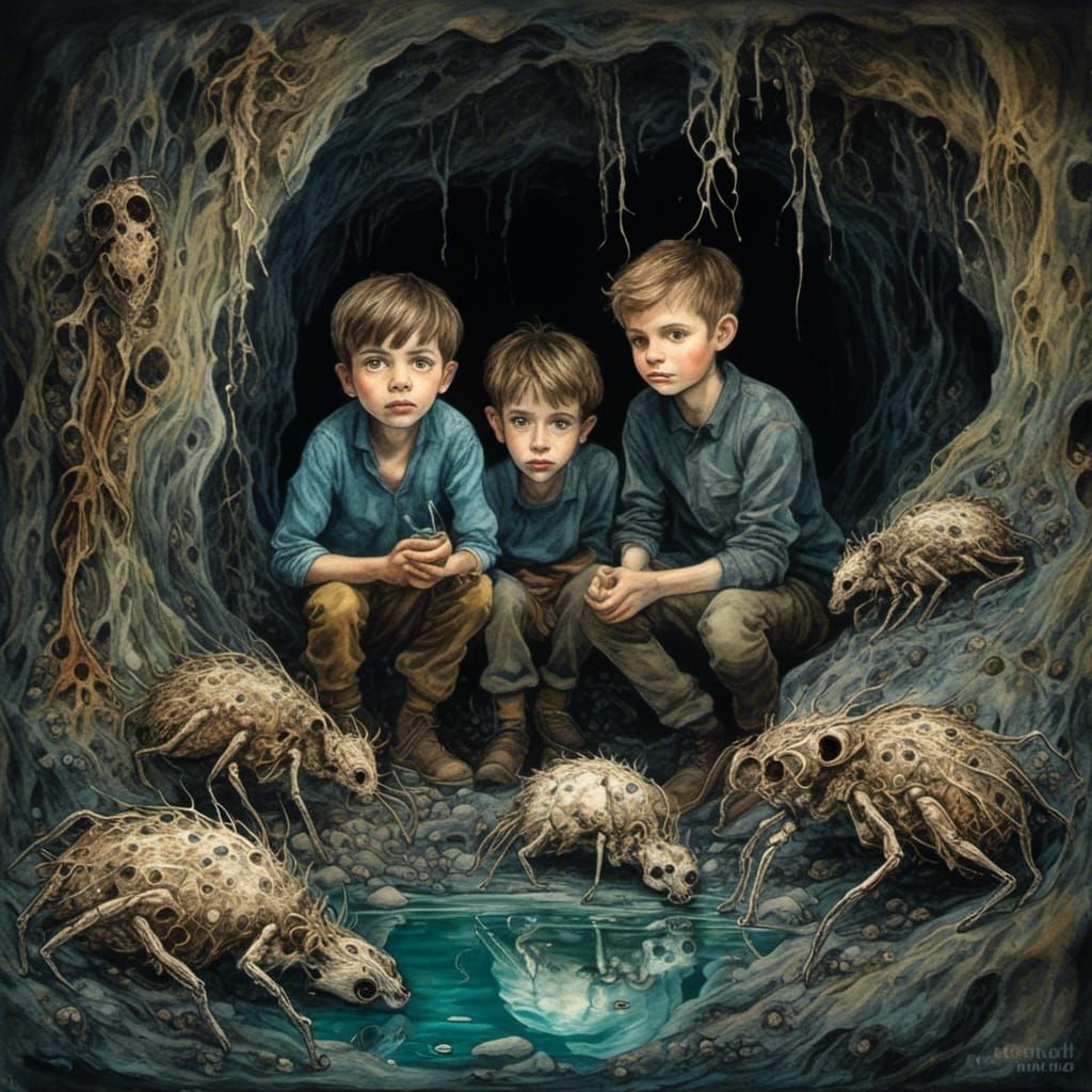 Boys Discovering Chupacabra Nest in Surreal Cave