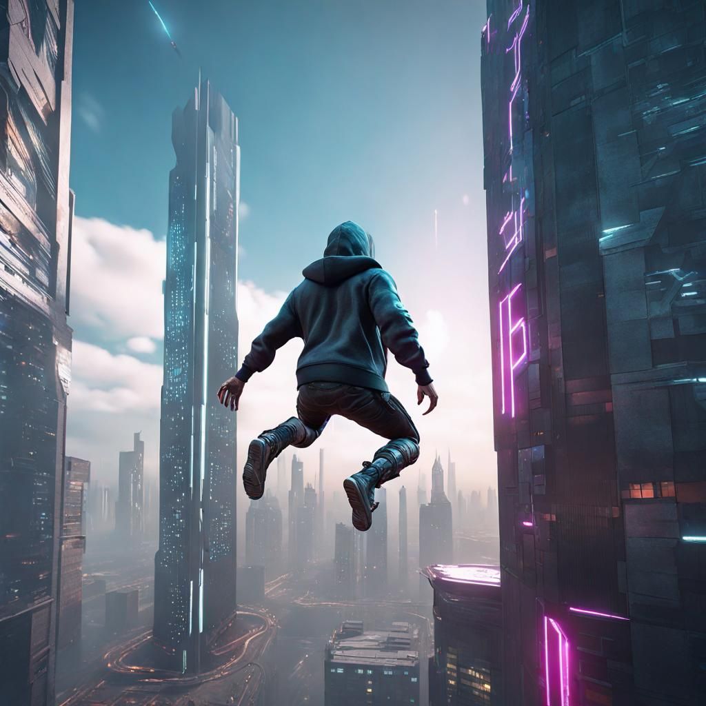 Cyberpunk Leaper in Futuristic Cityscape