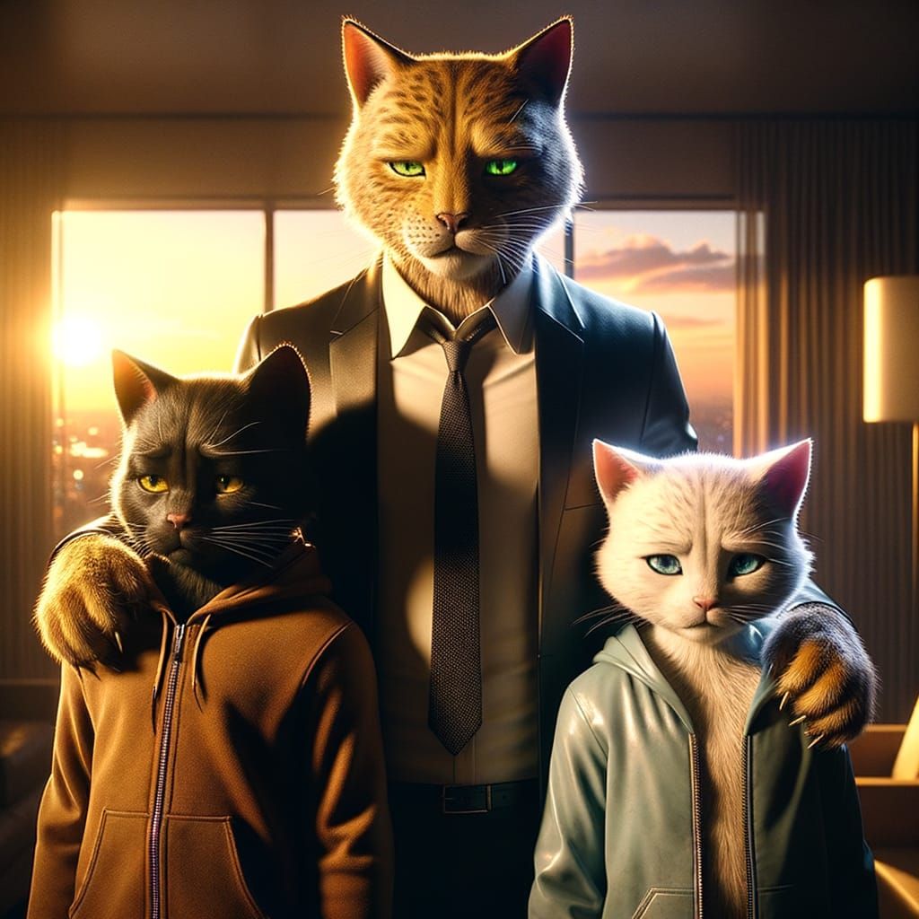 Cinematic Cat Family Portrait in Sunset Living Room