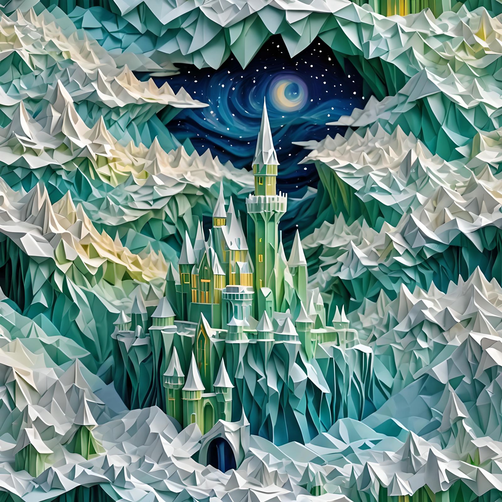 Ice Castle Under Northern Lights as Impasto Painting