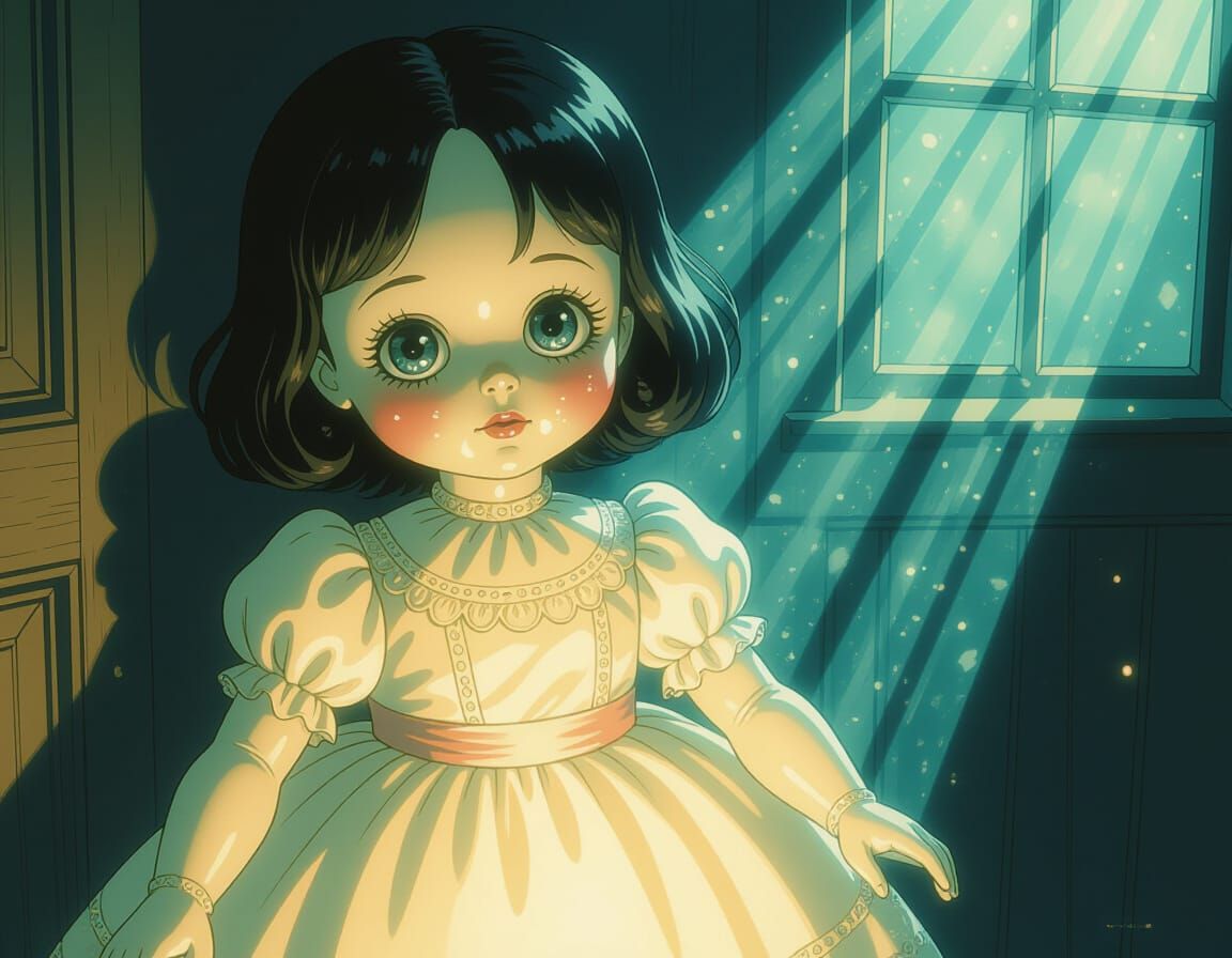 Creepy Haunted Doll in Shadowed Room, Digital Painting