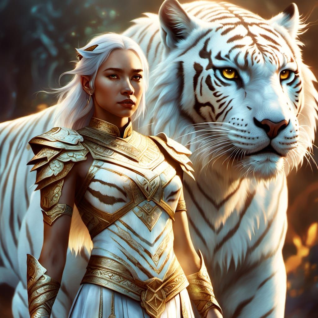 Mythical Woman with Winged Tiger-Dragon Companion