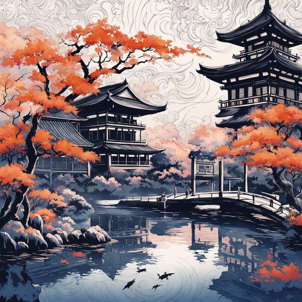 Ethereal Geisha Fades into Japanese Temple with Cosmic Sakur...