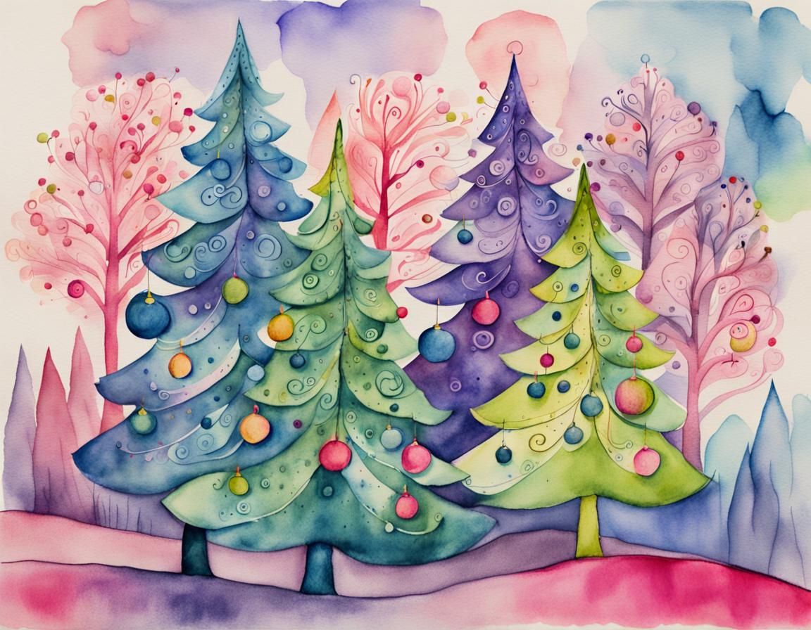Whimsical Christmas Trees in Ink and Wash Art