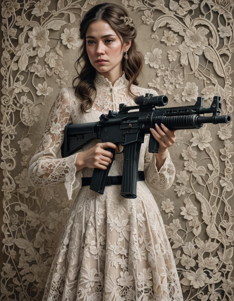 Woman in Lace Dress Holding Machine Gun