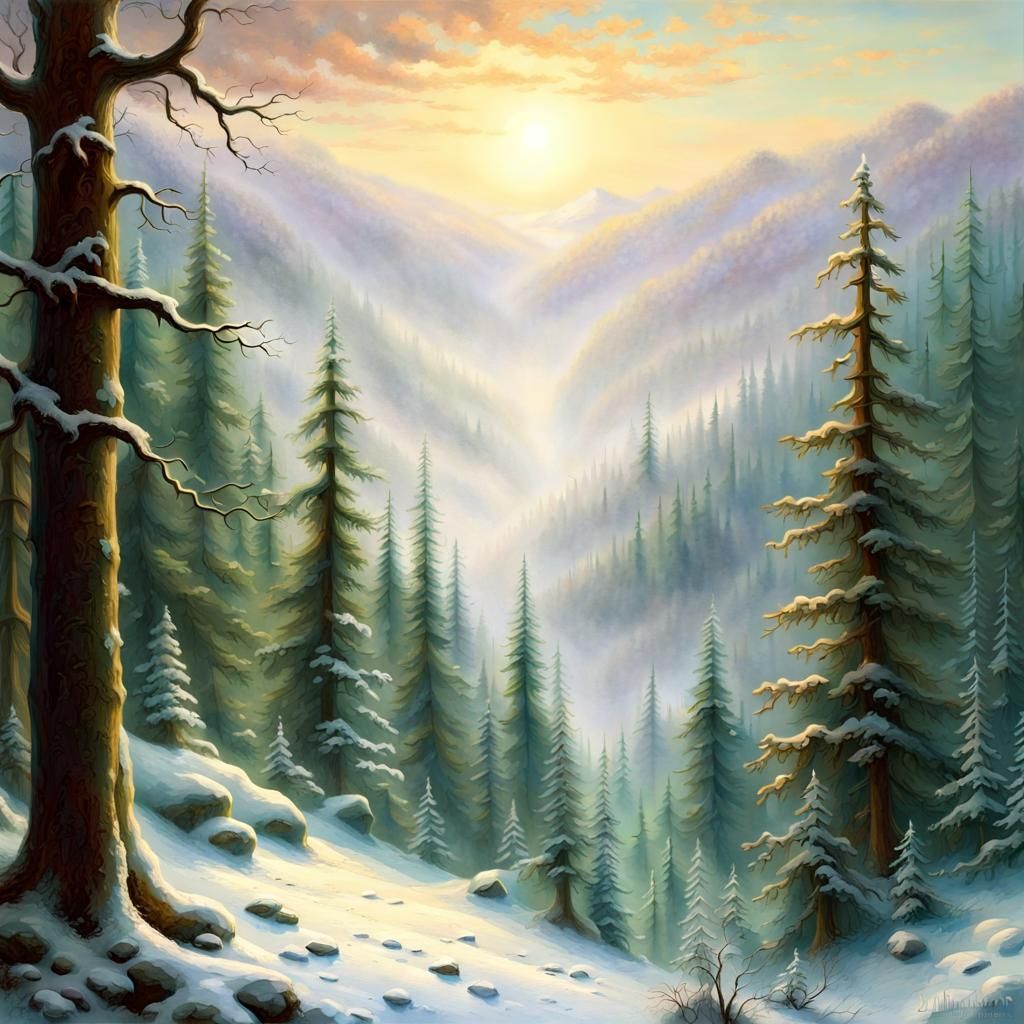 Snow Forest in Hudson River Luminism Style