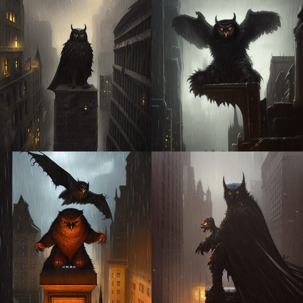 Owlbear Superhero in Gotham: Dark Fantasy Art