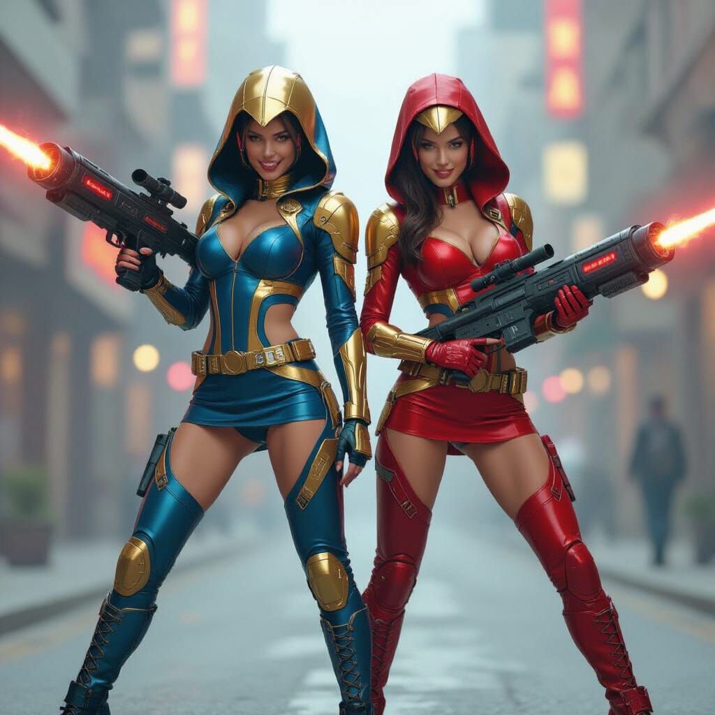 Cyberpunk Heroines with Laser Rifles in Futuristic Suits