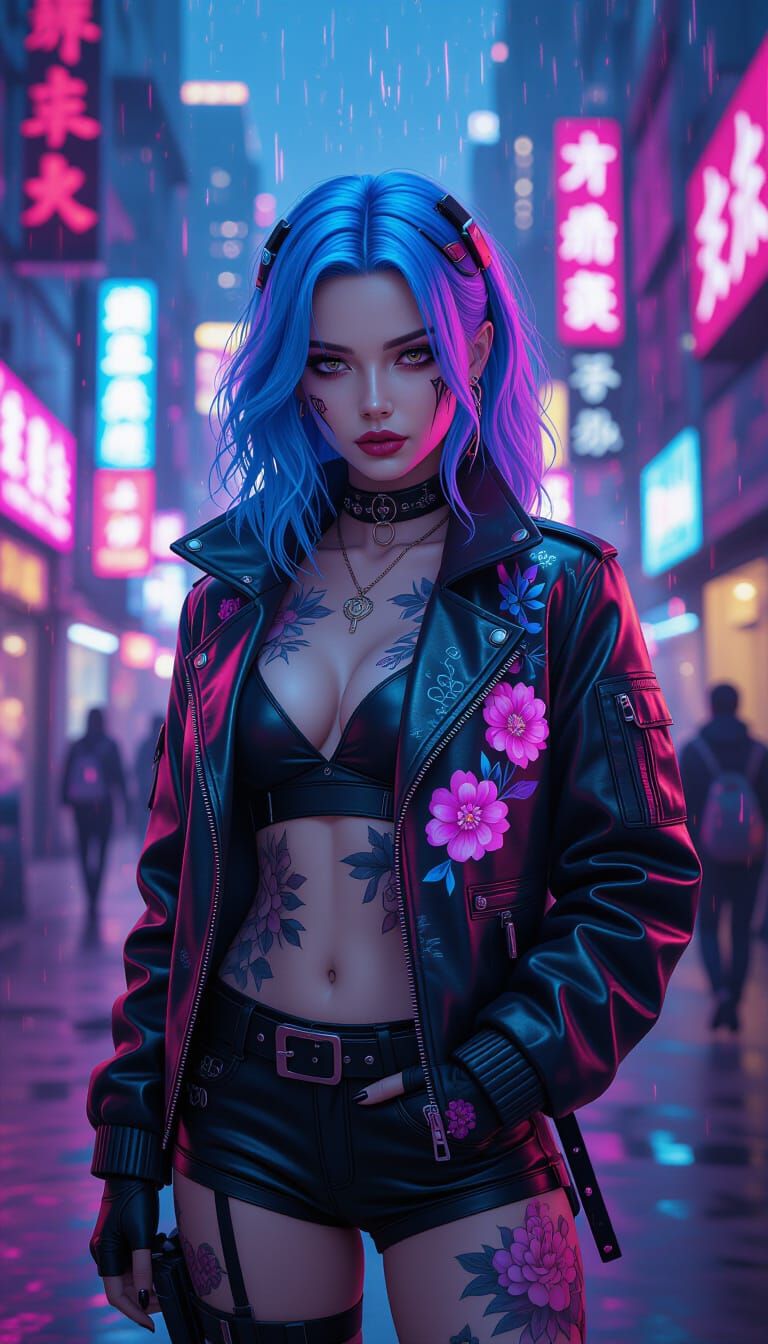 Boho-Gothic Cyberpunk Muse in Neon Cityscape