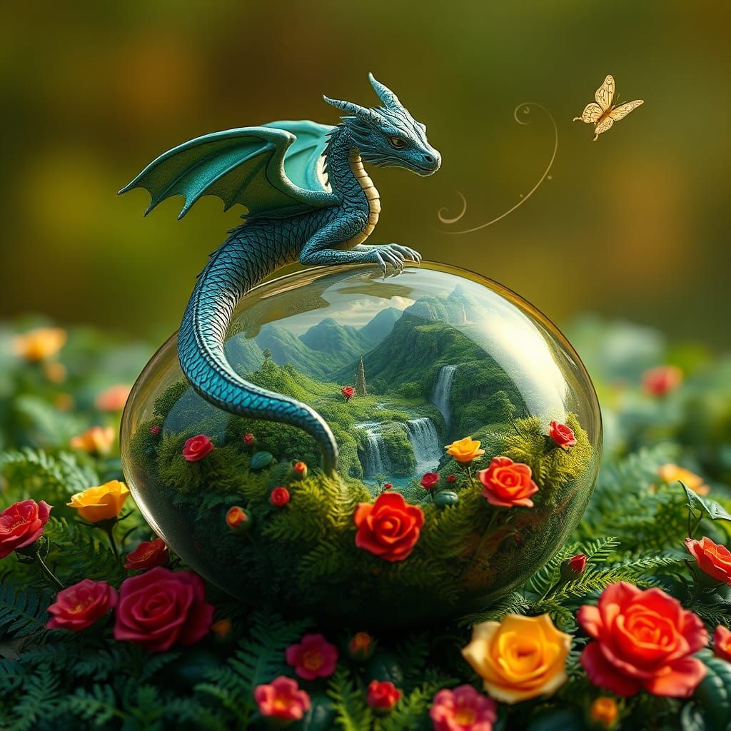 Dragon Guarding Landscape Egg, Digital Art