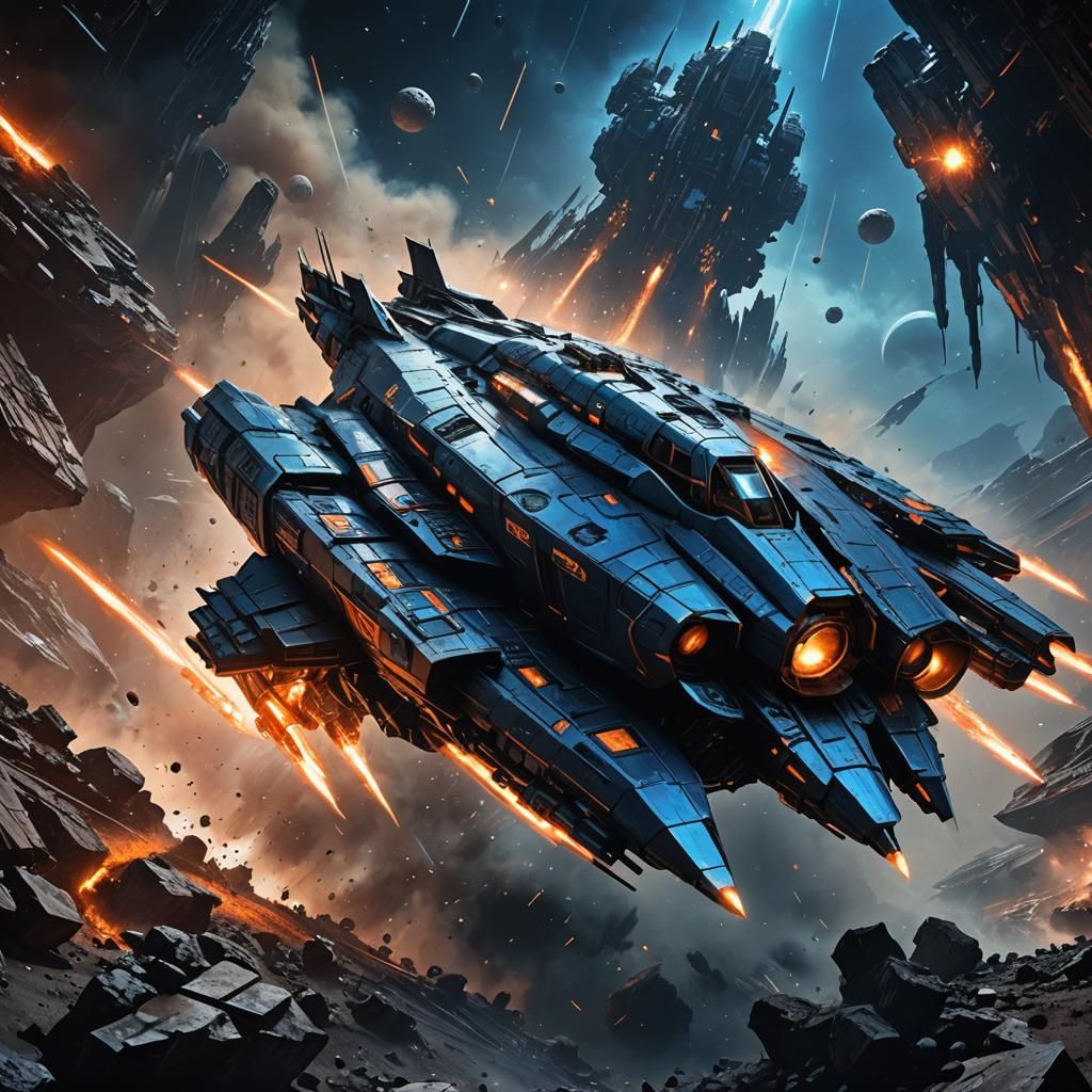 Futuristic Warship Navigates Asteroid Field in Space