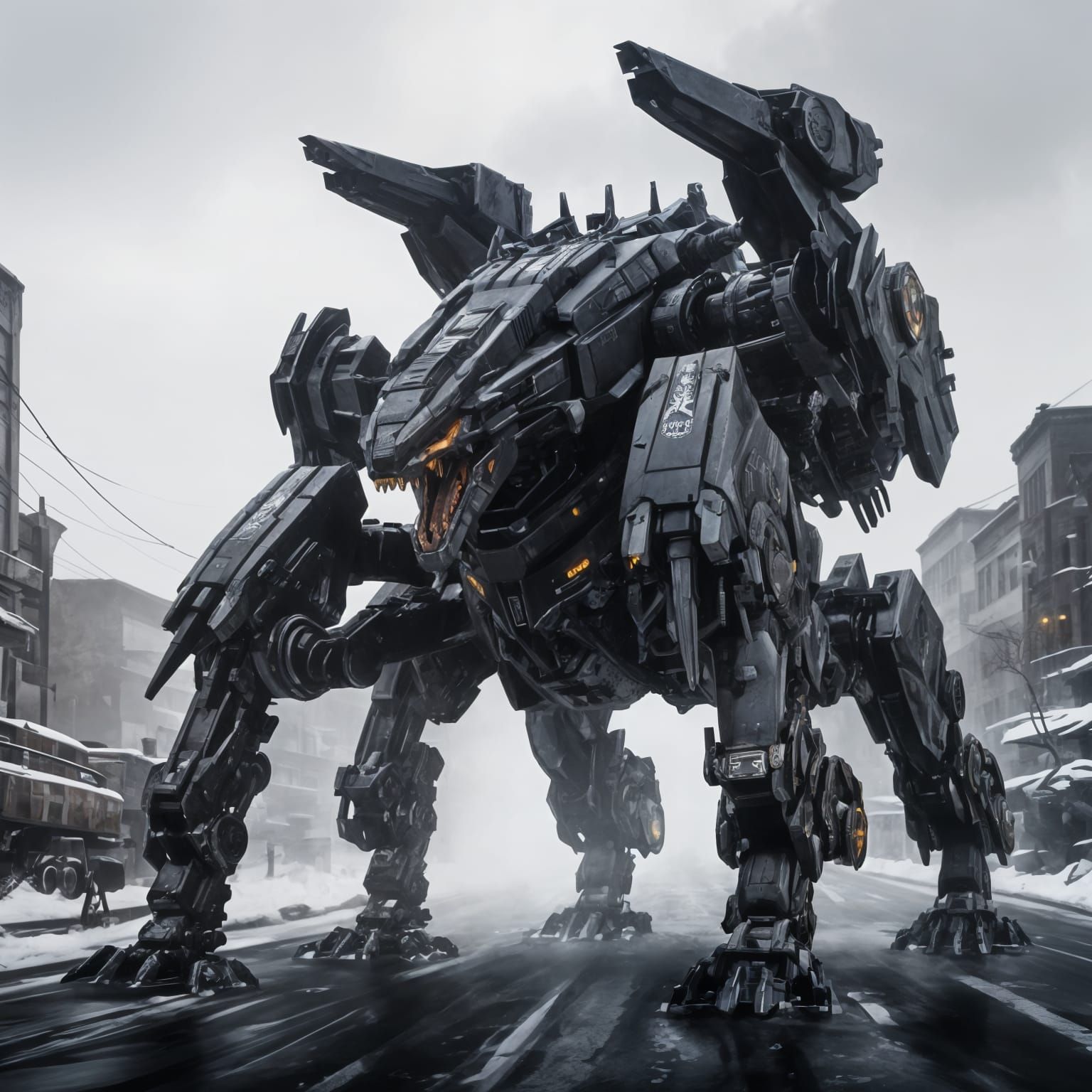 Giant Mechanical Zoid Beast in Winter Blizzard