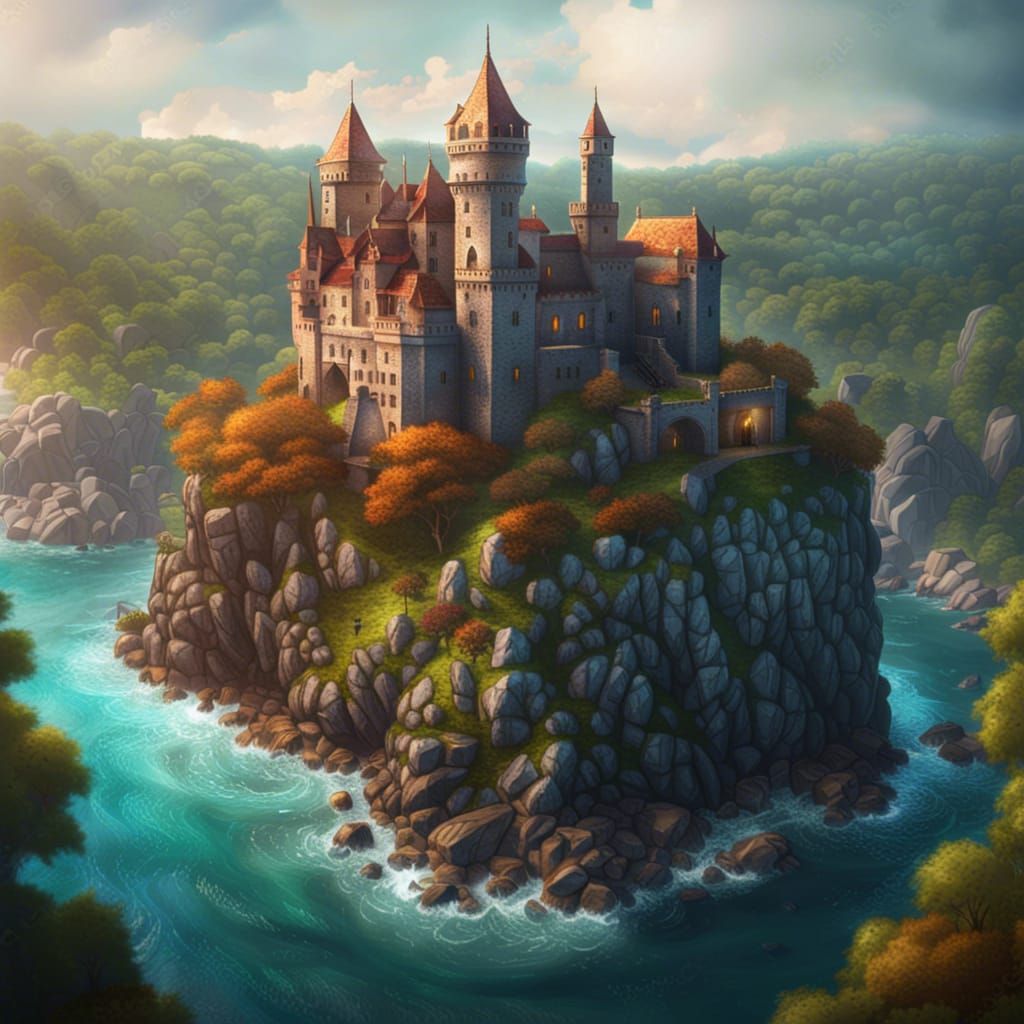 Elegant Medieval Castle on Cliff, Fantasy Concept Art