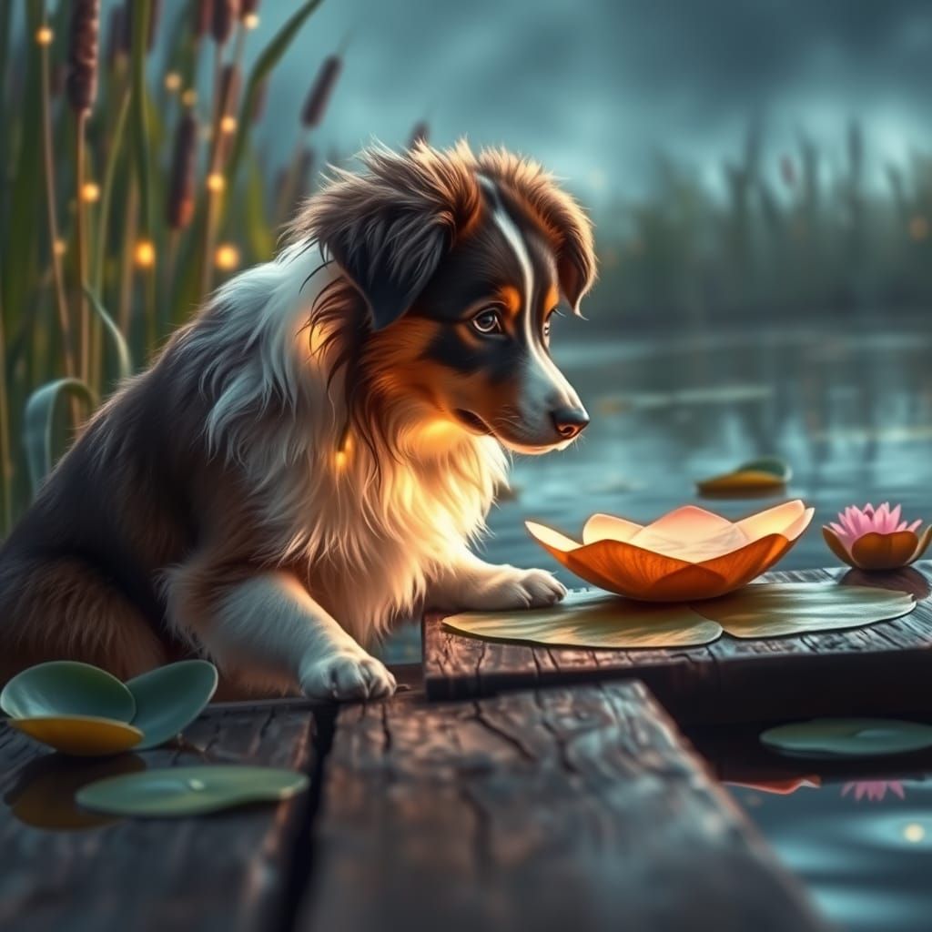 Glowing Australian Shepherd on Weathered Dock