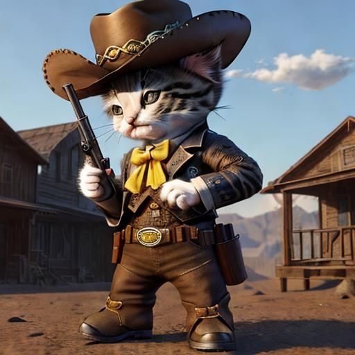 Pixar-Style Kitten Cowboy in Spaghetti Western Scene