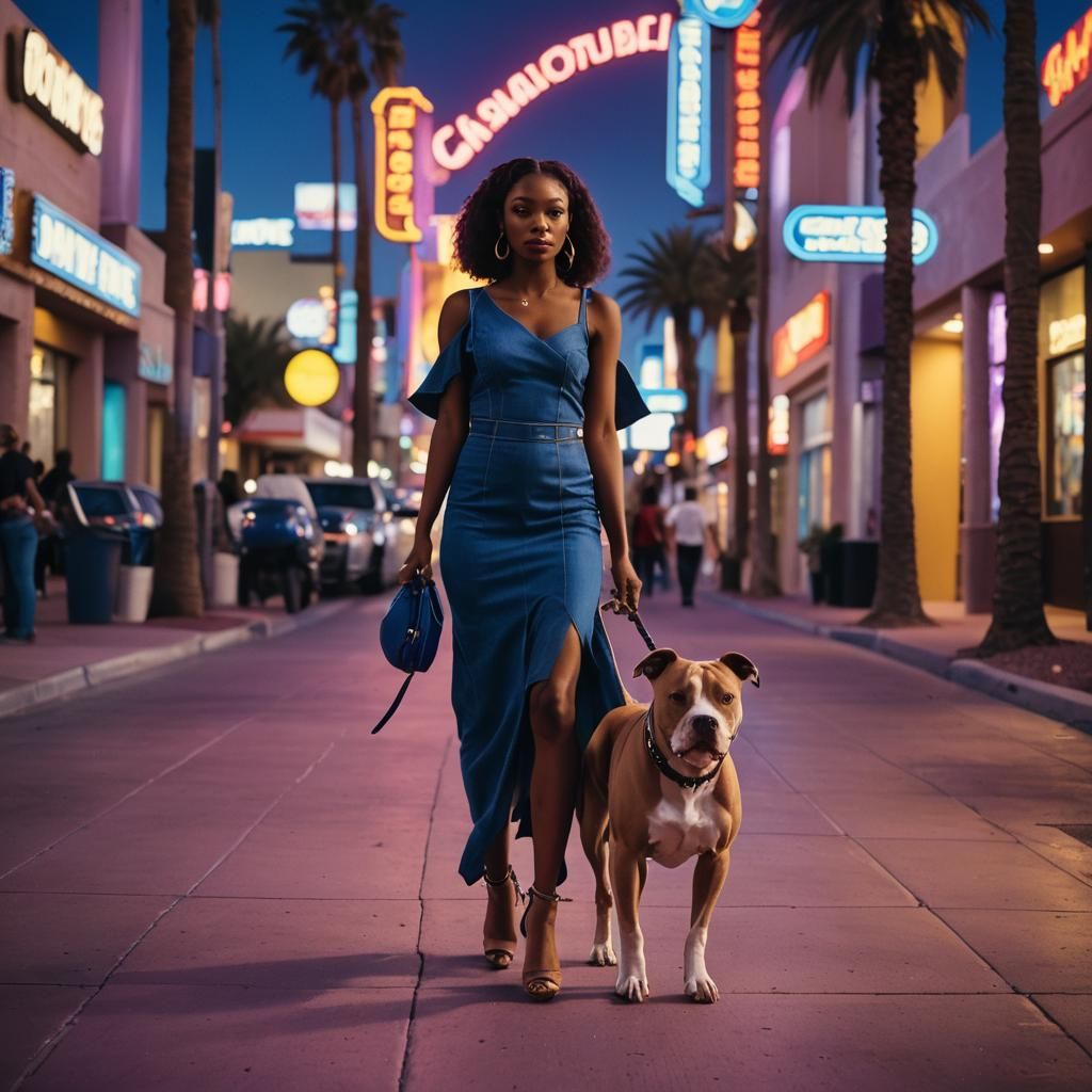 Girl and Dog in Neon-Lit Las Vegas Street