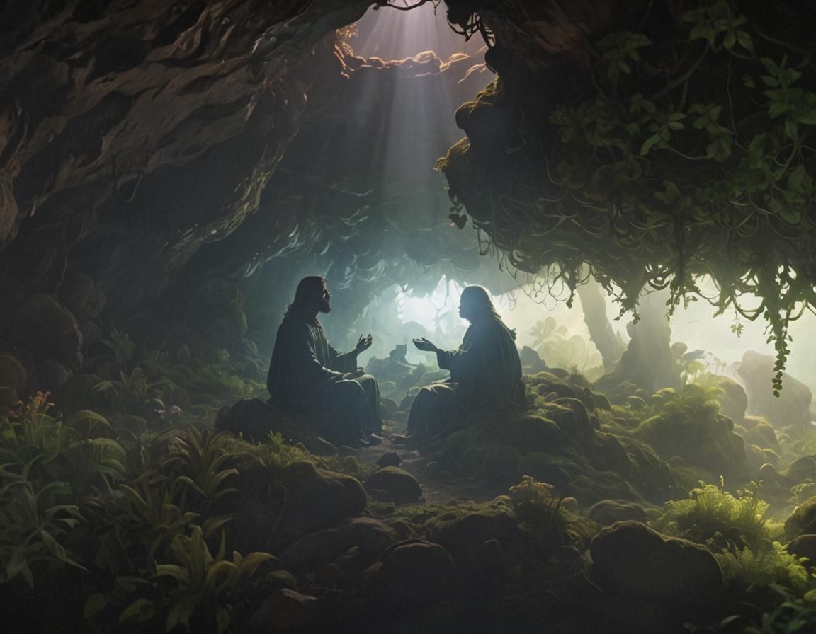 Christ in Bioluminescent Cave: Dutch Golden Age Style