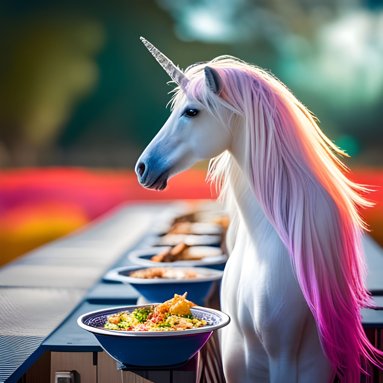 Unicorn in line for food at the church potluck