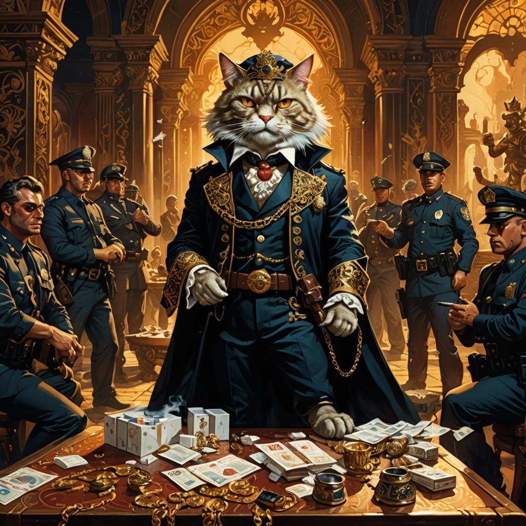 Cat-Faced Man Arrested in Opulent Fantasy Scene