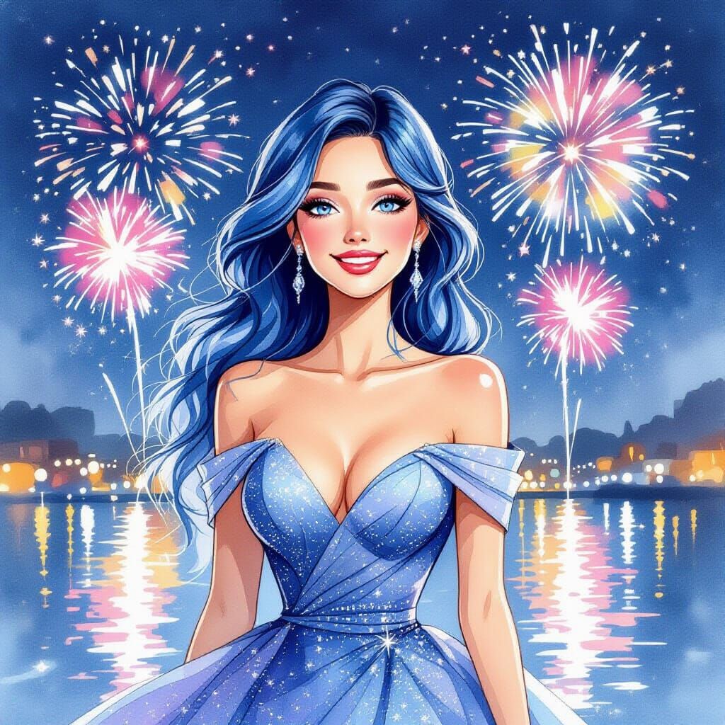 Blue Haired Woman Smiles Amidst Fireworks in Watercolor Styl...