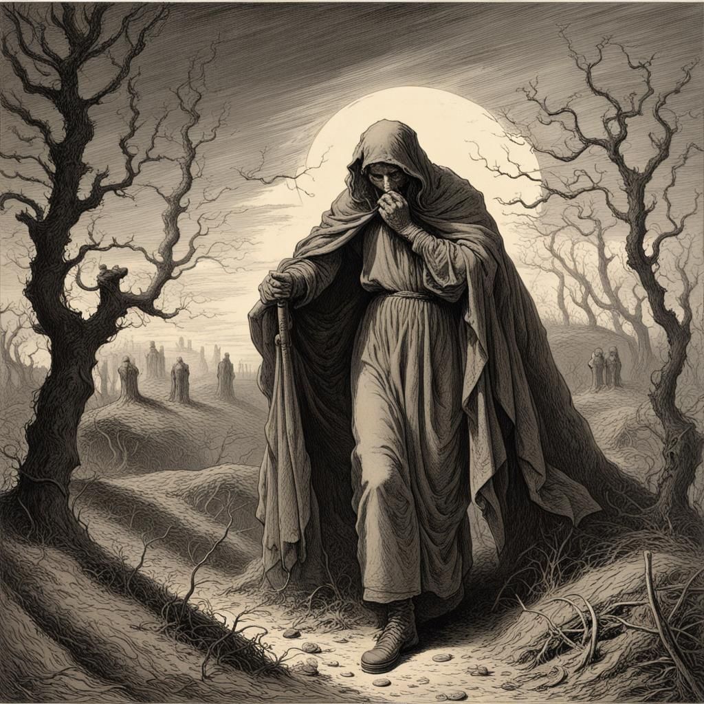 Night Wanderer Sowing Seeds in Dark Horror Style