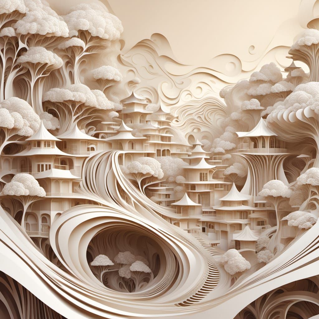 Abstract Fractal Planet Landscape in Paper Art Style