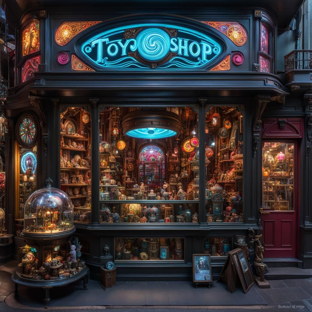 Cyberpunk Toyshop Window with Intricate Design